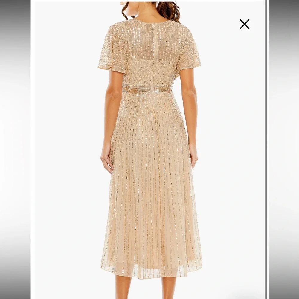 Mac Duggal Empire Waist Embellished Short Sleeved Dress taupe champagne size 16 - Picture 3 of 5